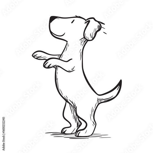Playful dog standing upright with a joyful expression and wagging tail