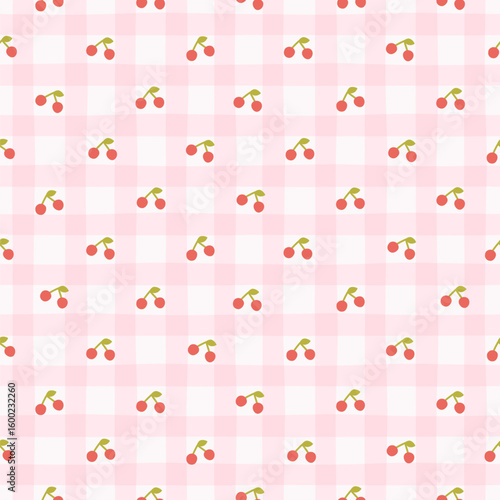 Preppy small cherry seamless pattern on a pink checkered background. Vector cute cartoon hand-drawn illustration. Ideal for printing, baby clothes, wallpaper, packaging, scrapbooking.