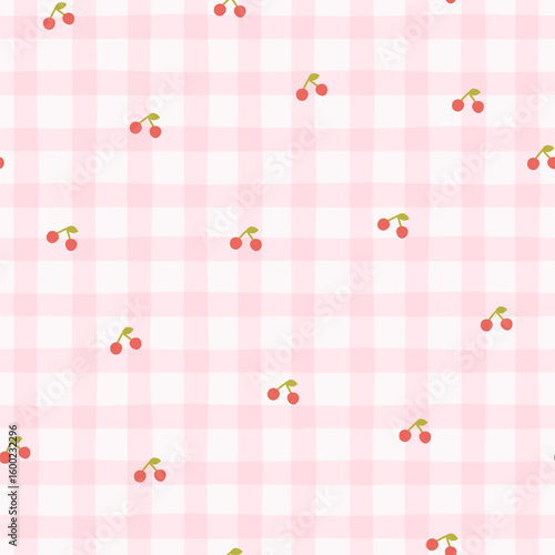 Preppy small cherry seamless pattern on a pink checkered background. Vector cute cartoon hand-drawn illustration. Ideal for printing, baby clothes, wallpaper, packaging, scrapbooking.