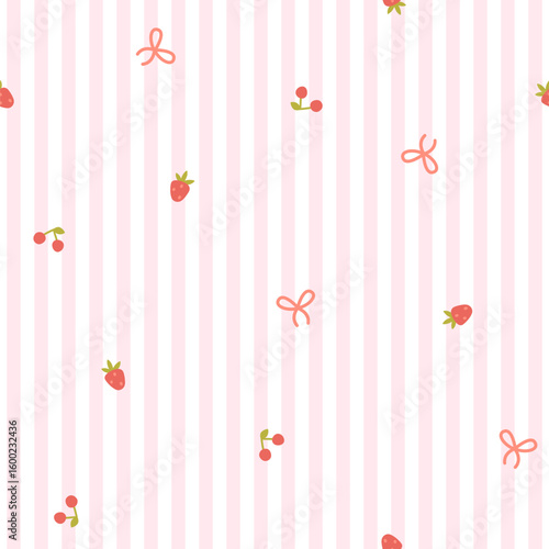 Preppy cherry, strawberries small flowers and bows seamless pattern vertically striped background. Vector cute cartoon hand-drawn illustration. for printing, baby clothes, wallpaper, scrapbooking.
