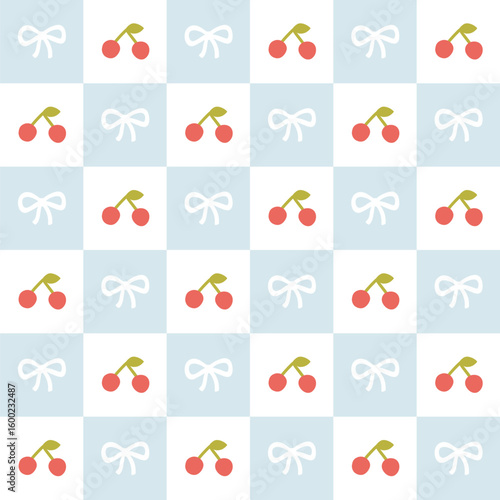 Preppy flirty cherries with bow in frame seamless pattern on a cell background. Vector cute cartoon hand-drawn illustration. Tartan check for textile, baby clothes, wallpaper, scrubbing