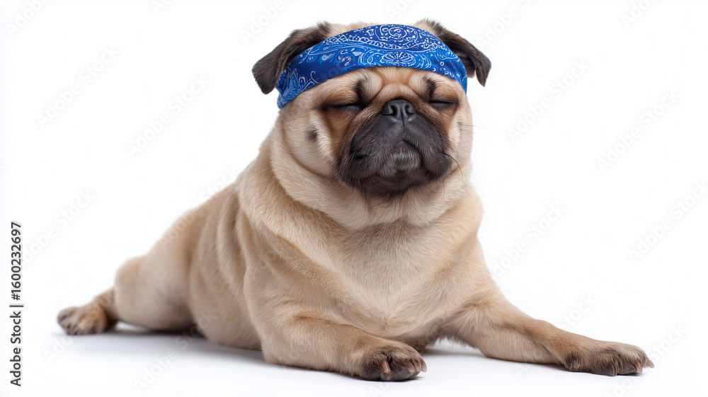 Obraz premium This Pug wearing a bandana enjoys a yoga pose, embodying the spirit of relaxation and wellness.