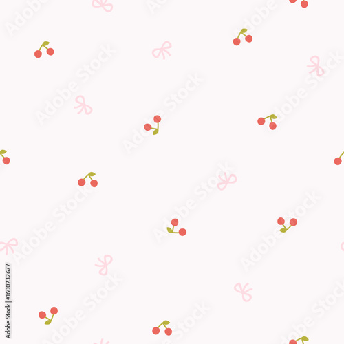 Preppy flirty small cherry and bow seamless pattern on a soft pink background. Vector cute cartoon hand-drawn illustration. Ideal for printing, baby clothes, wallpaper, packaging, scrapbooking.