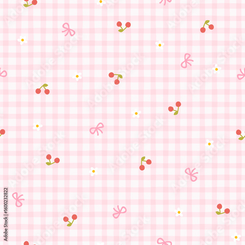 Preppy cherry small flowers and bows seamless pattern on a checkered background. Vector cute cartoon hand-drawn illustration. Ideal for printing, baby clothes, wallpaper, packaging, scrapbooking.