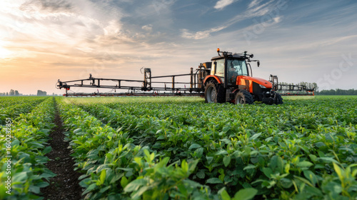 Wallpaper Mural Modern tractor with high-tech spraying arms moving through lush green soybean field, precision agriculture concept, clean sky and flat farmland landscape Torontodigital.ca