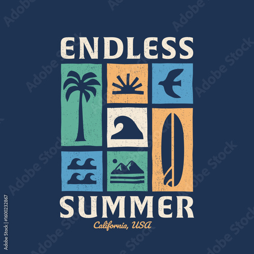 Vector graphic with waves, sun, surfboard, sun, and palm tree in retro colorway. Perfect for t-shirt print, posters, and stickers.