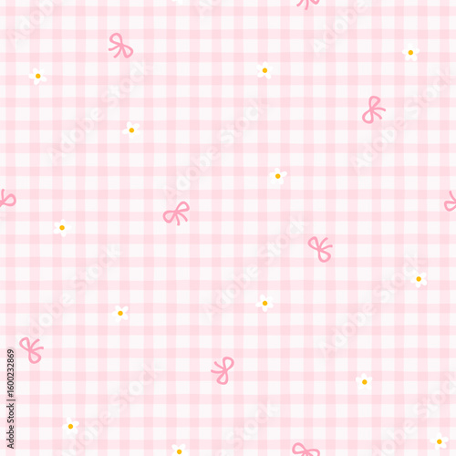 Preppy bow and small flowers seamless pattern on a pink checkered background. Vector cute cartoon hand drawn illustration. Ideal for textile printing, baby clothes, wallpaper, notebooks, scrapbooking.