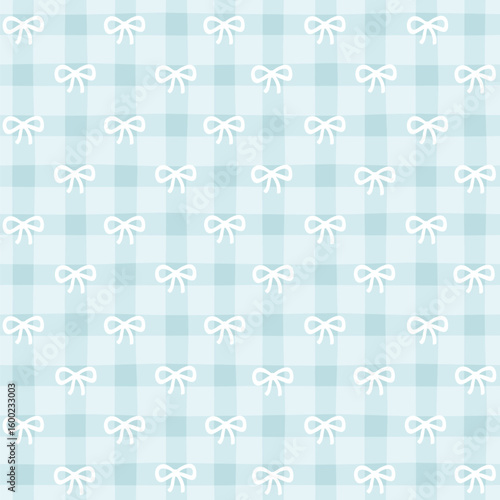 Preppy bow seamless pattern on a blue checkered background. Vector cute cartoon hand drawn illustration. Ideal for textile printing, baby clothes, wallpaper, packaging, notebooks, scrapbooking.