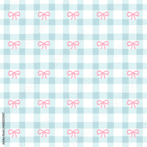 Preppy bow seamless pattern on a blue checkered background. Vector cute cartoon hand drawn illustration. Ideal for textile printing, baby clothes, wallpaper, packaging, notebooks, scrapbooking.