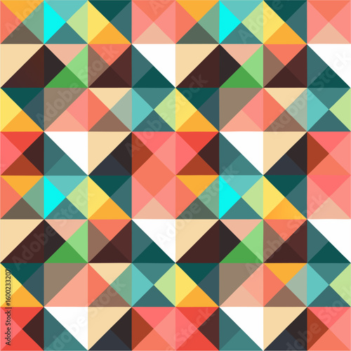 Colorful Geometric Pattern: A vibrant, abstract composition of colorful geometric shapes seamlessly repeats, creating a visually captivating and dynamic surface texture.