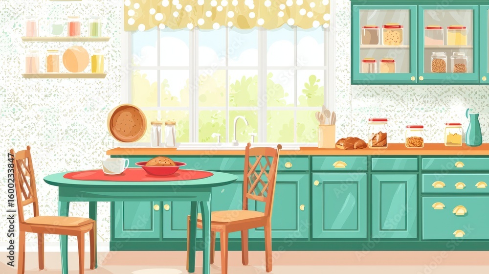 Obraz premium A cozy, teal-colored kitchen with a round table and chairs.