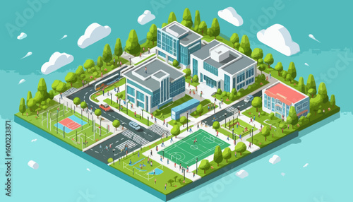An isometric illustration of a modern school or university campus