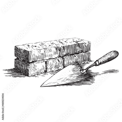 Building bricks and trowel for construction projects at home
