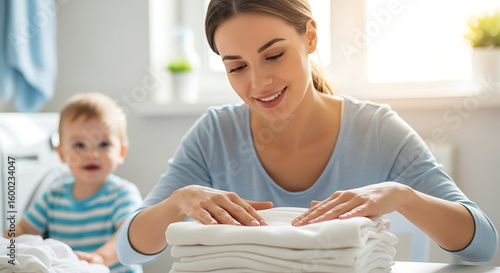 A woman folding clean laundry with a baby in the background in a brightly lit room setting