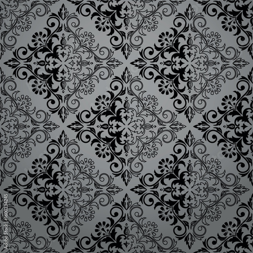 Wallpaper in the style of Baroque. Gray and black floral ornament. Seamless vector background. Graphic pattern for fabric, wallpaper, packaging. Ornate Damask flower illustration