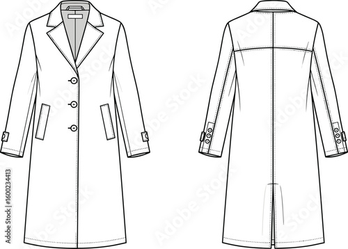 Flat cad drawing vector illustration of classic long trench coat front and back view, technical fashion garment sketch with details