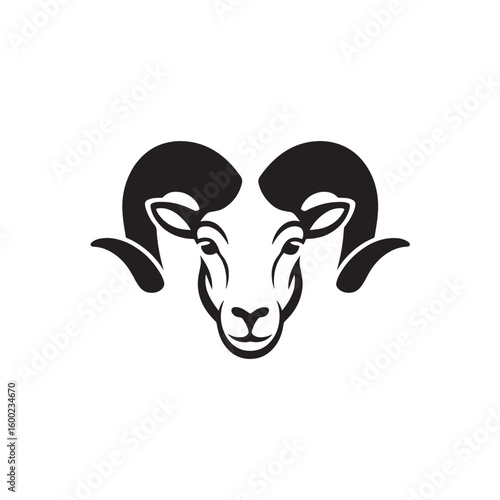 Strong Black Ram Silhouette with Large Horns Standing - Majestic Bighorn Sheep Vector Illustration for Wildlife, Zodiac, and Farm Designs

