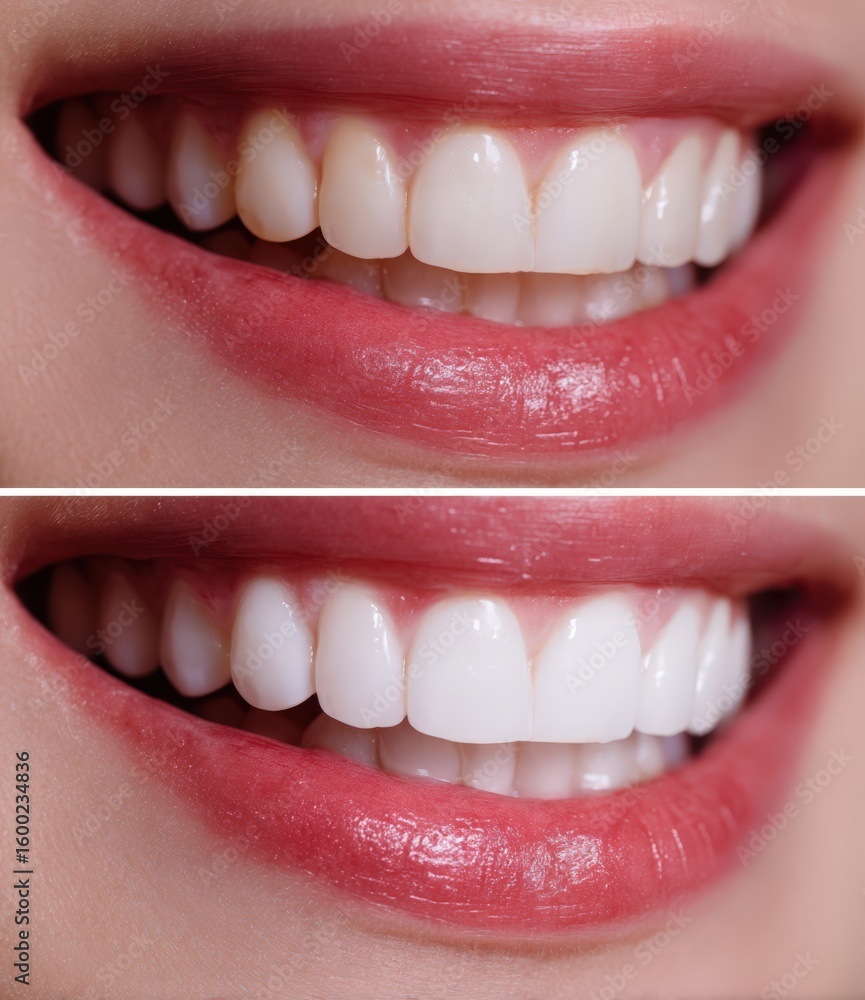 Fototapeta premium A striking before and after photo showcasing a womans beautiful teeth