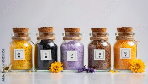 Colorful Bath Salts in Glass Jars with Floral Accents