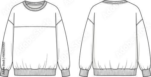 Flat CAD drawing vector illustration of long sleeve crewneck sweatshirt with ribbed cuffs and hem, technical fashion design sketch