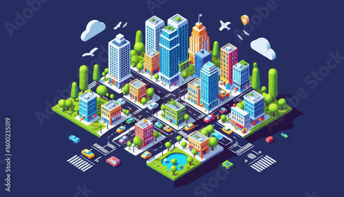 A vibrant isometric city illustration