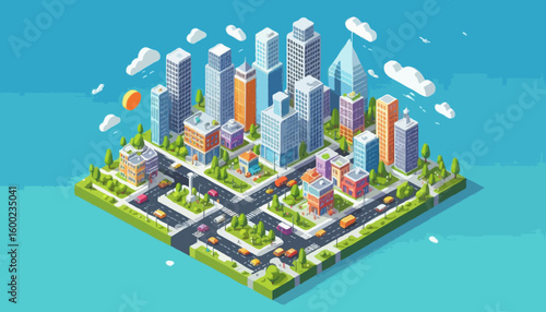A vibrant isometric city illustration