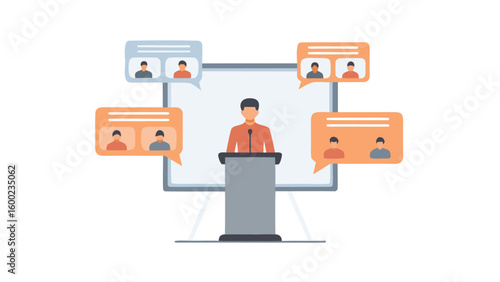 Illustration of a presenter on a podium with virtual attendees on speech bubbles in front of a screen
