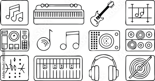 Musical instruments and symbols silhouette isolated on white background