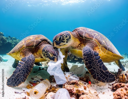 two sea turtles in their underwater habitat encounter plastic pollution