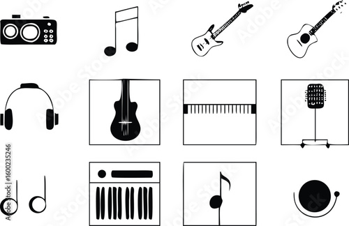 Collection of music icons silhouette isolated on white background