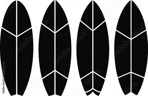 Minimalist Surfboard Icon Set in Black and White Featuring Four Different Board Shapes with Unique Tail Designs Ideal for Summer Beach and Water Sport Themes