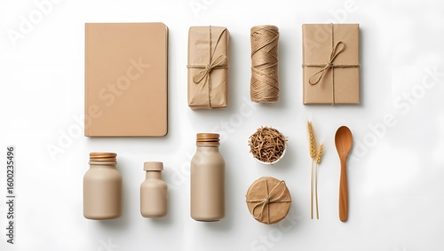 Flat Lay Still Life of Kraft Paper Packaging and Natural Elements