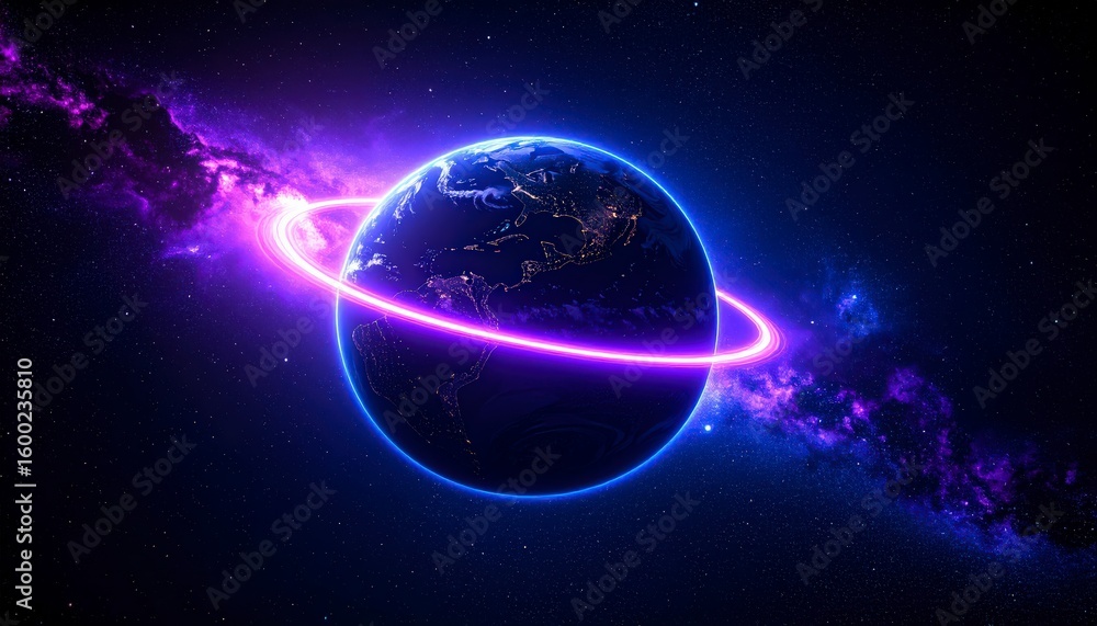 Obraz premium Photo of Earth from below angle with a purple nebula forming a glowing ring around
