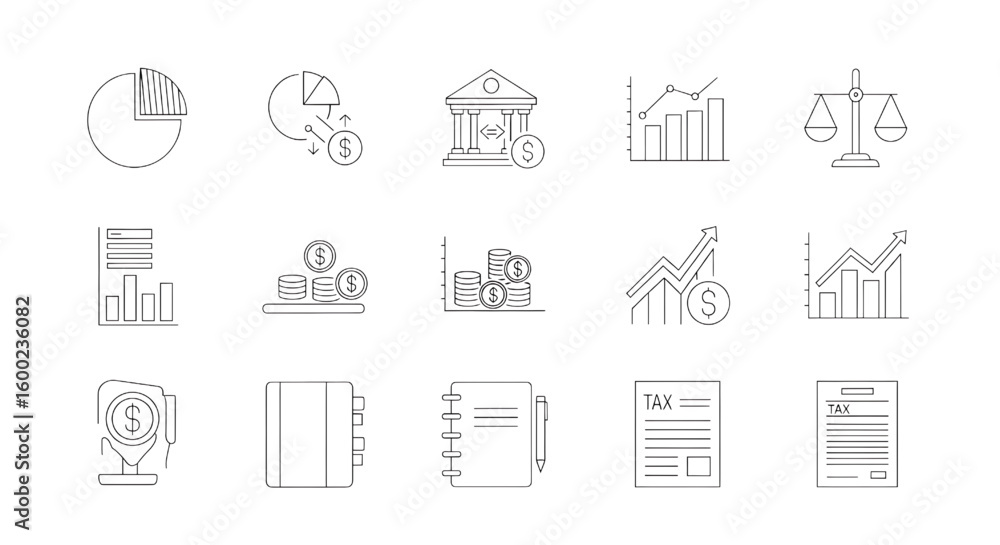 Financial icons depicting charts coins bank scales and tax documents finance business Financial icons depicting charts coins bank scales and tax documents finance business
