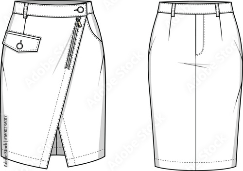 Flat CAD drawing vector illustration of modern women’s asymmetric wrap zipper pencil skirt with pocket, technical fashion design sketch