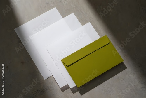 Stack of Paper and Olive Green Envelope - Minimalist Workspace