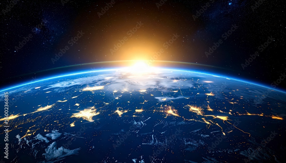 Fototapeta premium Photo realistic Earth from space during sunrise, sunlight glowing from the horizon