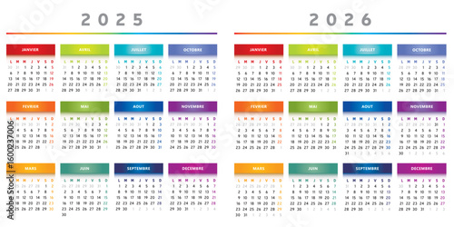 Calendrier 2025 et 2026 en Français - Couleurs Arc-en-Ciel Format 4 Trimestres