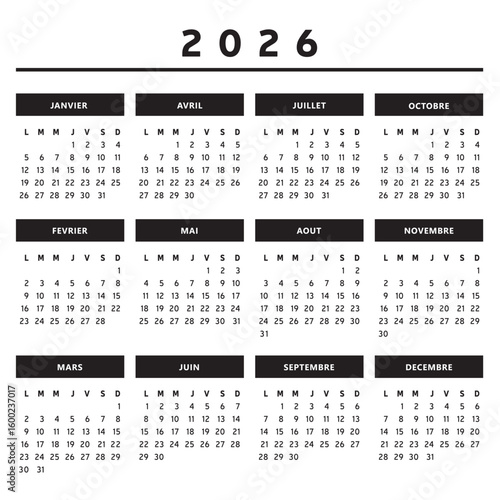 Calendrier 2026 en Français - Couleurs Noir et Blanc Format 4 Trimestres