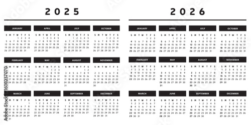 Calendrier 2025 et 2026 en Anglais - Couleurs Noir et Blanc Format 4 Trimestres