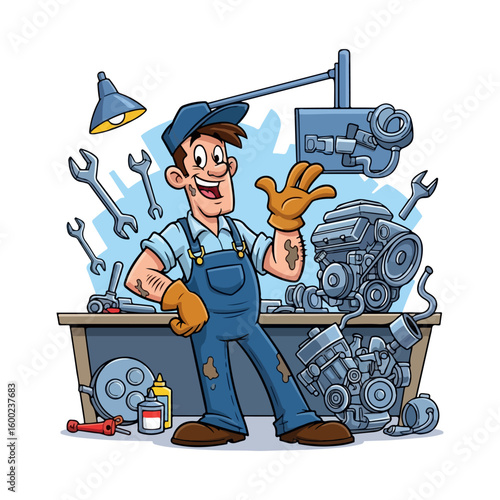 Mechanic cartoon. Colored cartoon with line art and white background. AI generated image.