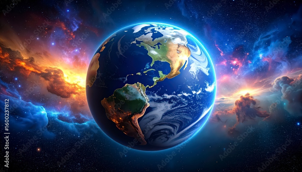 Naklejka premium Planet Earth seen from space with colorful nebula clouds in background