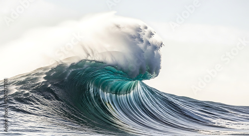 A large wave cresting with white foam and turquoise water under a bright sky on a sunny day