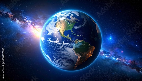 Planet Earth seen from space with colorful nebula clouds in background