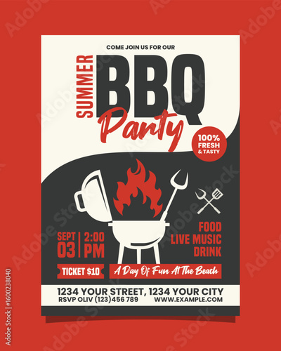 Red and Black Illustrative Summer BBQ Party Vertical Flyer Poster Invitation Template