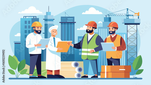 Architects and engineers collaborating on blueprints collaboration construction site