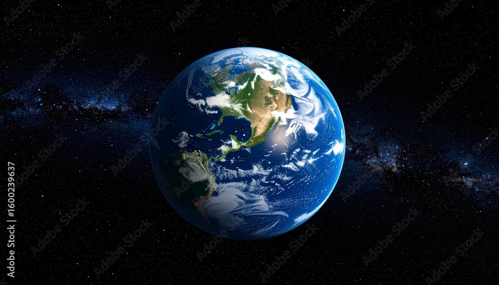 Fototapeta premium Small Earth floating in vast black space, full globe visible with clouds and ocean