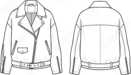 Front and back biker jacket flat sketch, zipper details, belted hem, lapel collar, leather jacket vector, fashion technical drawing