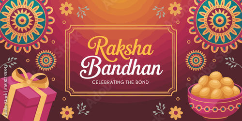  Raksha Bandhan celebration graphic with mandala background, sweets, gift box, and heartfelt message honoring sibling love and tradition