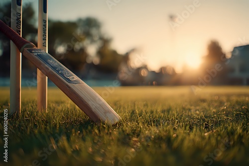Cricket Bat and Wicket: Sunset on the Cricket Field